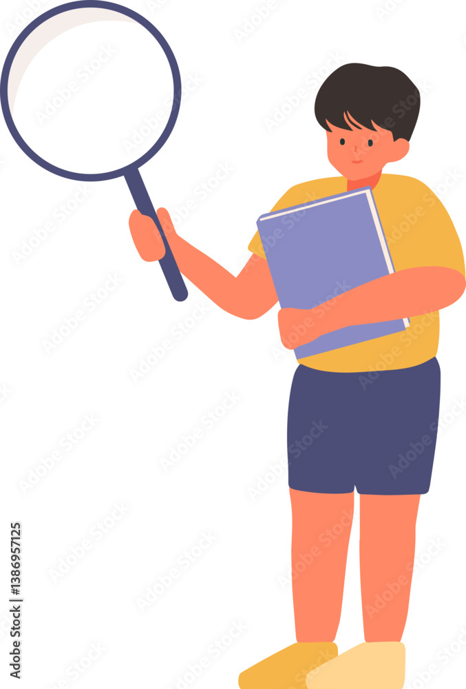 Little boy standing and holding magnifying glass with book Little boy standing and holding magnifying glass with book