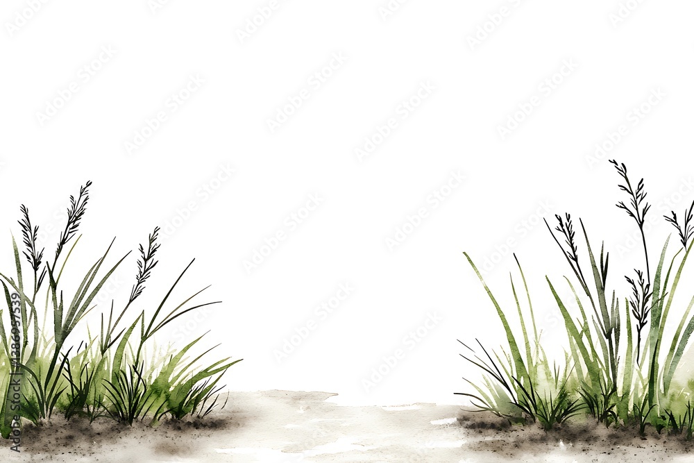 Fototapeta premium Watercolor Illustration of Grassy Flora on White Background