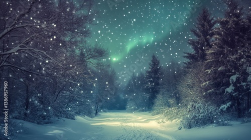 Enchanted Winter Path Under the Aurora Borealis with Sparkling Snowfall