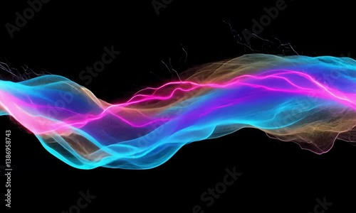 High contrast electric lightning bolt in vivid blue purple neon pink glowing against dark backdrop cinematic depth created with Generative AI technology