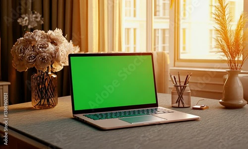 Wide angle office shot of 3D laptop on neat desk with elegant décor soft lighting green screen display created with Generative AI technology