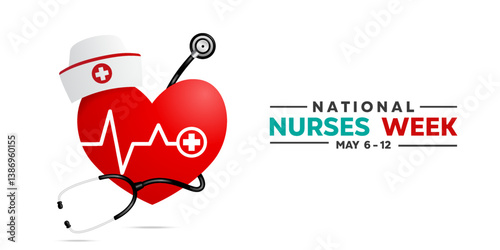 May is National Nurses Week. Nurse hat, stethoscope and heart. Great for posters, banners, social media and more. White background.