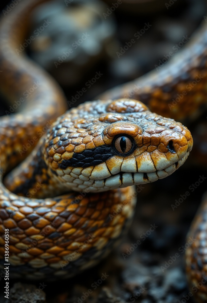 A close up of a snake's head on the ground A close up of a snake's head on the ground