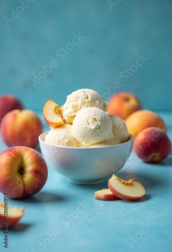 A bowl of peach ice cream surrounded by sliced peaches