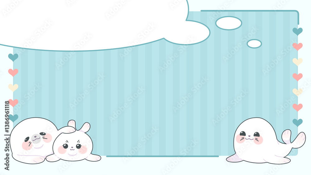 Background frame for writing messages, decorated with cute seals, bubbles and hearts. Background frame for writing messages, decorated with cute seals, bubbles and hearts.