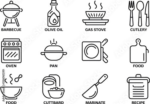 Kitchen Utensils And Cooking Elements Icons Vector Illustration Set Minimal Outline Design