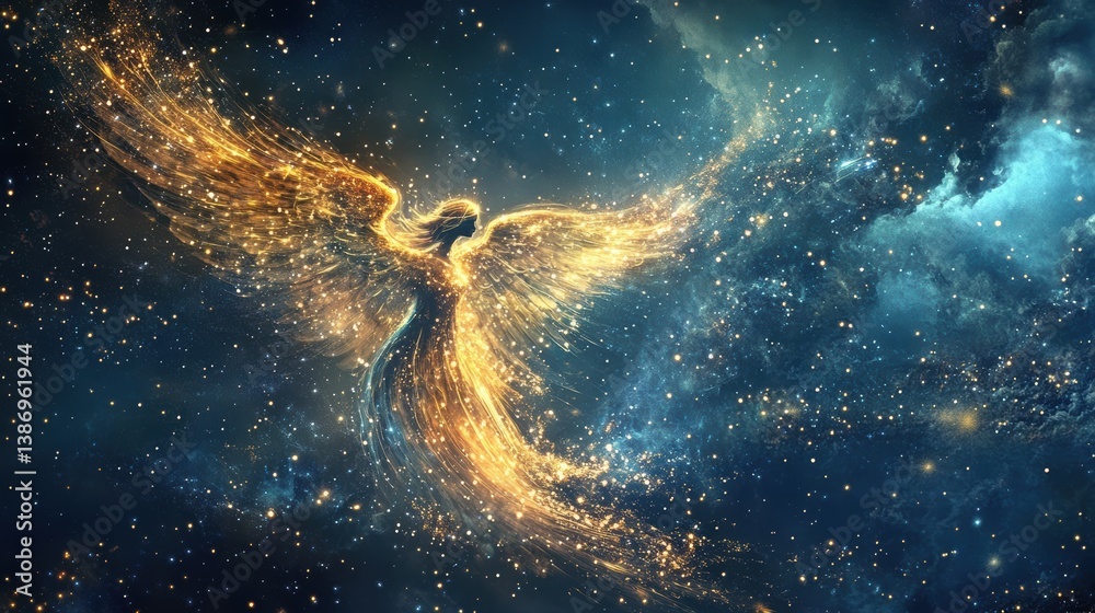 Obraz premium Celestial Angelic Being Surrounded by Glittering Stars and Cosmic Elements in a Mystical Night Sky Setting of Dreamlike Wonder and Awe