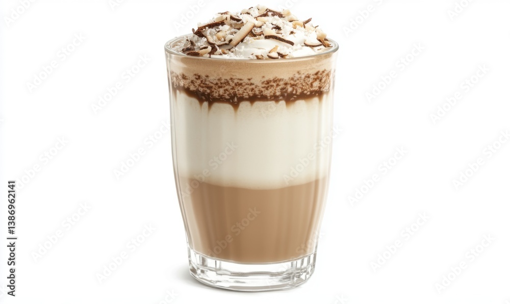 Layered coffee drink with whipped cream and chocolate, isolated on white background, perfect for cafe menus Layered coffee drink with whipped cream and chocolate, isolated on white background, perfect for cafe menus