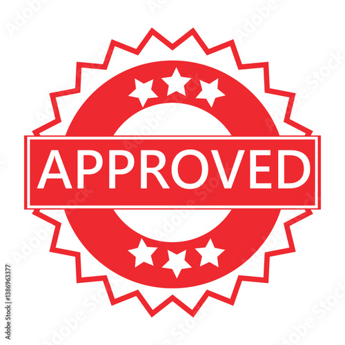 Red Circular Approved Stamp with Jagged Edge and White Stars Isolated on White Background