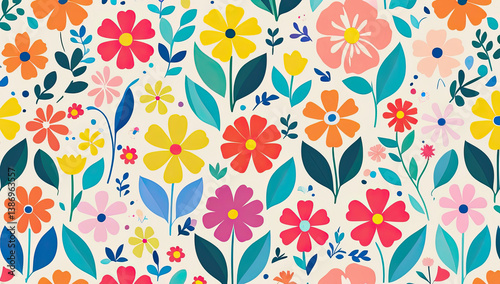 Abstract Flower Pattern Wallpaper Bright Diverse Blooms on a Light Background for Cheerful Textile Design