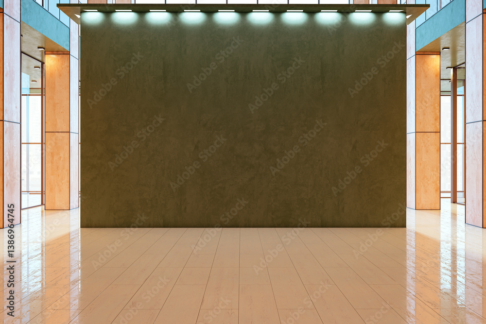 Modern empty room interior with large blank wall under ceiling spotlights for poster or banner mockup display in a contemporary building. 3D Rendering