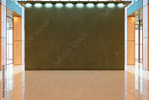 Obraz na płótnie Modern empty room interior with large blank wall under ceiling spotlights for poster or banner mockup display in a contemporary building. 3D Rendering w salonie
