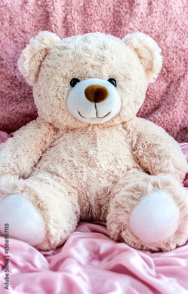 Fototapeta premium 3D cute teddy bear fluffy velvet on pink flow silk adorable pet animal plush toy fashion healing shiny gift wallpaper background