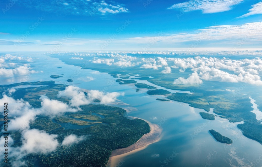 Fototapeta premium Aerial view of a large river and forested islands under clouds