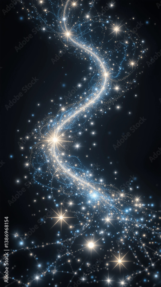 glitter abstract background with glowing swirling stars and magical celestial trail on black glitter abstract background with glowing swirling stars and magical celestial trail on black