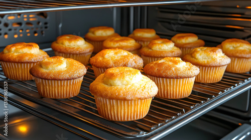 Freshly Baked Cupcakes Cooling in Oven Rack with Golden Tops photo