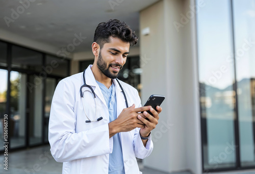 Medical professional wearing a lab coat and stethoscope while engaging with a smartphone device outdoors.

