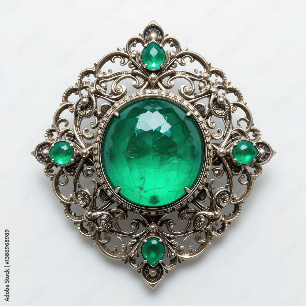 vintage emerald brooch featuring intricate design with large round cut emerald center and smaller emerald accents