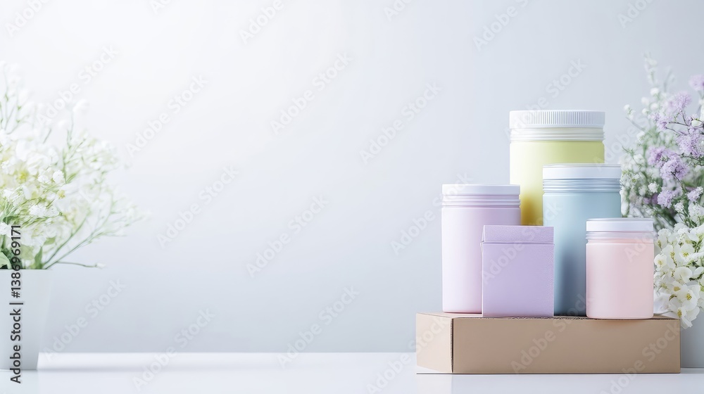 Pastel-colored jars and containers sit on a box. White flowers flank them. The image has a clean, minimalist aesthetic with soft, diffused lighting. The colors are muted and calming. The background Pastel-colored jars and containers sit on a box. White flowers flank them. The image has a clean, minimalist aesthetic with soft, diffused lighting. The colors are muted and calming. The background