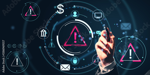 Cybersecurity warning concept with digital alert icons and business person interacting with futuristic interface on dark technology background.