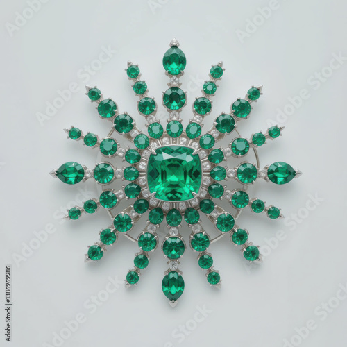 Emerald sunburst brooch featuring stunning arrangement of green gemstones, radiating elegance and charm