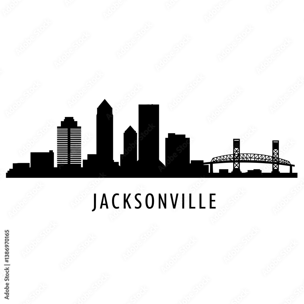 Naklejka premium Jacksonville Cityscape with Text - Black and White Vector
