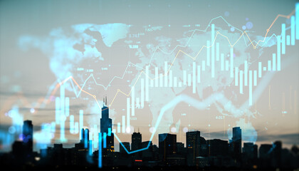 Business city skyline with financial graphs and digital world map in holographic double exposure concept on abstract light background.