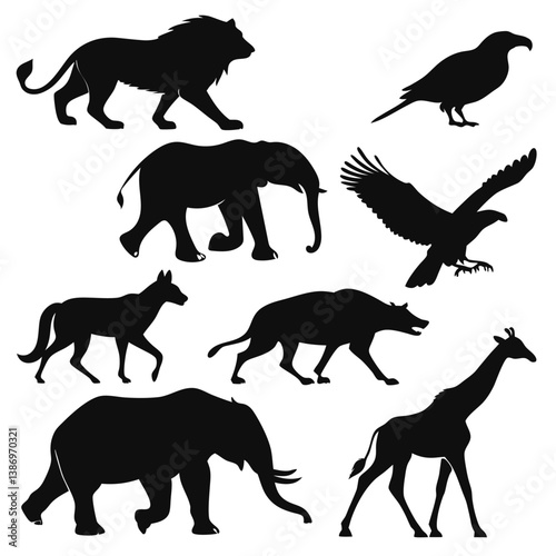 enormous animals silhouettes collection, Big mammals of the northern lands vector silhouettes collection.