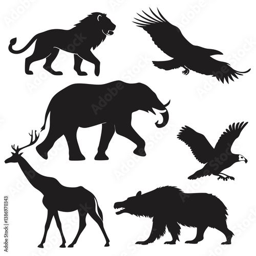 enormous animals silhouettes collection, Big mammals of the northern lands vector silhouettes collection.