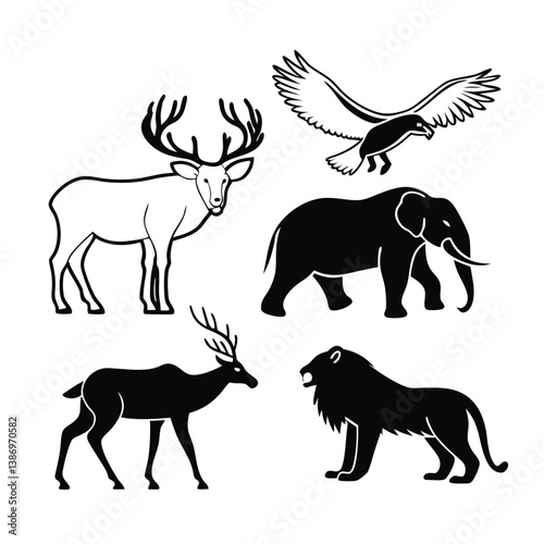 enormous animals silhouettes collection, Big mammals of the northern lands vector silhouettes collection.