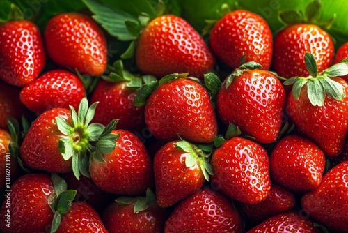 A bunch of red strawberries are piled on top of each other. The strawberries are ripe and ready to eat