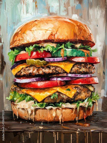 Artistic impression of a colossal burger with vibrant toppings and rich colors