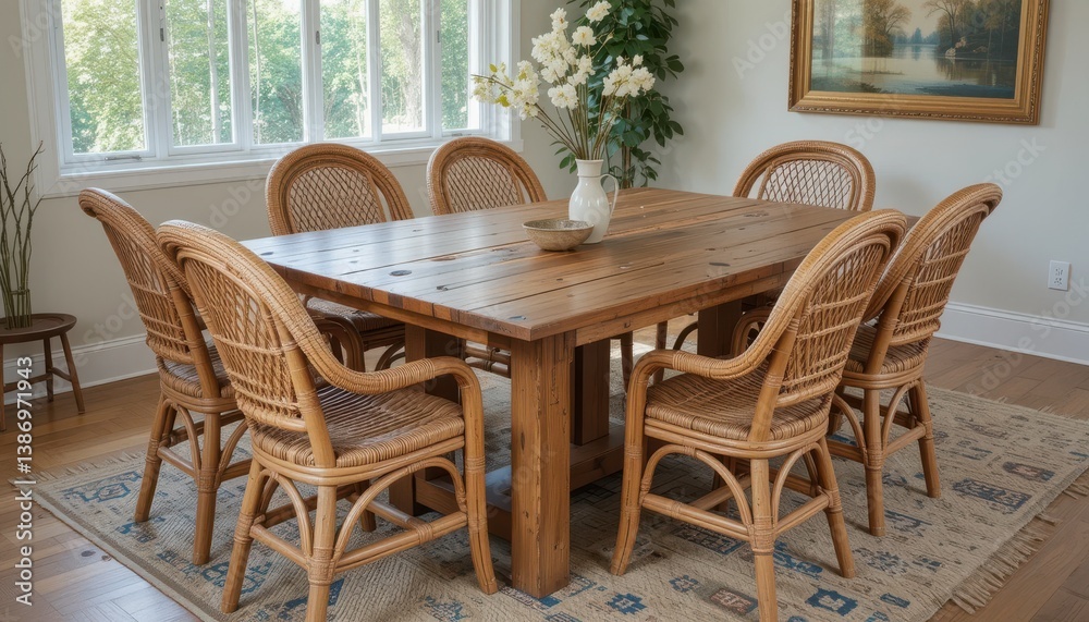 Rustic wooden dining table with wicker chairs in a bright modern setting Rustic wooden dining table with wicker chairs in a bright modern setting