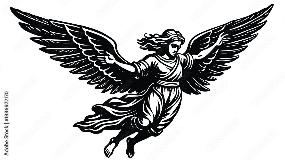 Obraz premium Heavenly Herald: Flying Angel in Woodcut Style