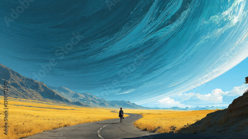 Dreamlike scene of a winding asphalt road transforming under the bristles of a massive brush hovering in the air, isolated traveler heading into the horizon. Surrounding is barren land with golden a