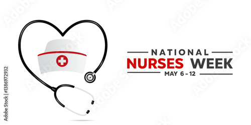 May is National Nurses Week. Nurse hat and stethoscope. Great for posters, banners, social media and more. White background.