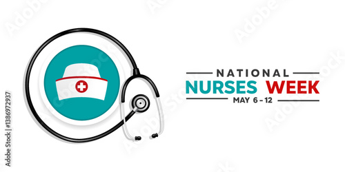 May is National Nurses Week. Nurse hat, stethoscope and more. Great for posters, banners, social media and more. White background.