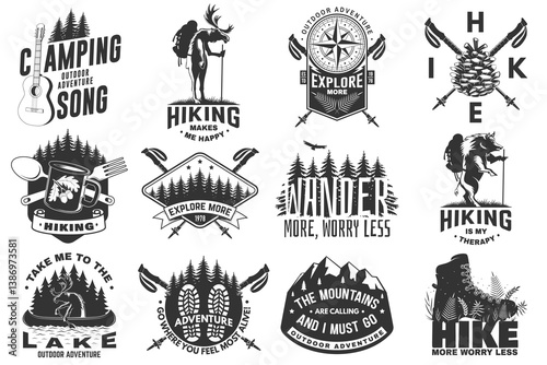 Set of logo, badge design with inspirational adventure quotes. Concept with pin forest, hiker, hiking boots, moose in canoe, lake and mountain. Vector illustration.