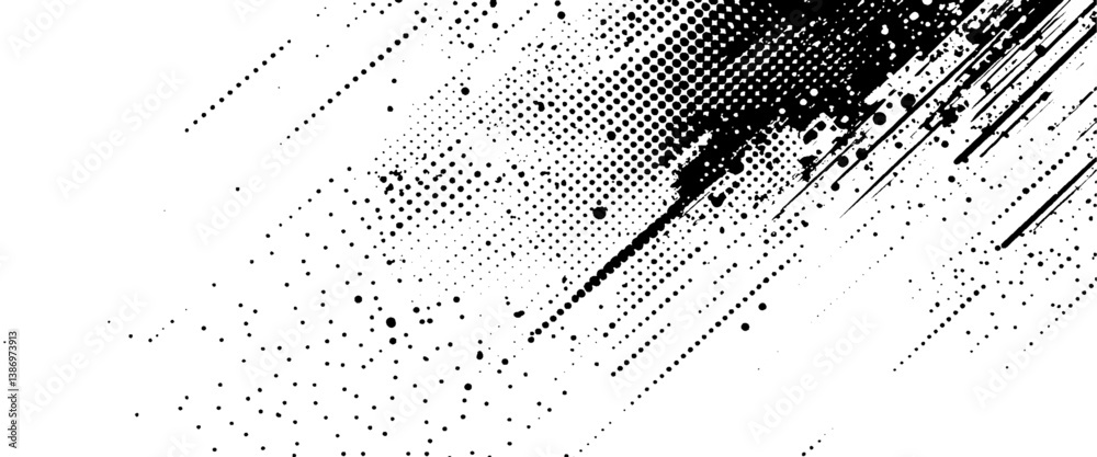 Vector modern abstract black splat grunge background with halftone dots pattern texture.
