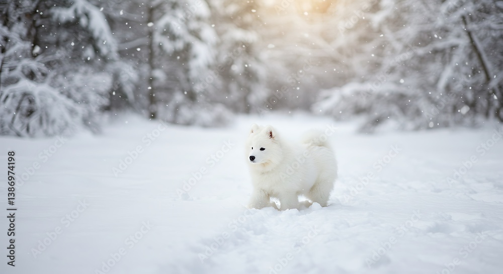 Fototapeta premium Winter Wonderland: A Samoyed Puppy's Joyful Frolic AI Generated