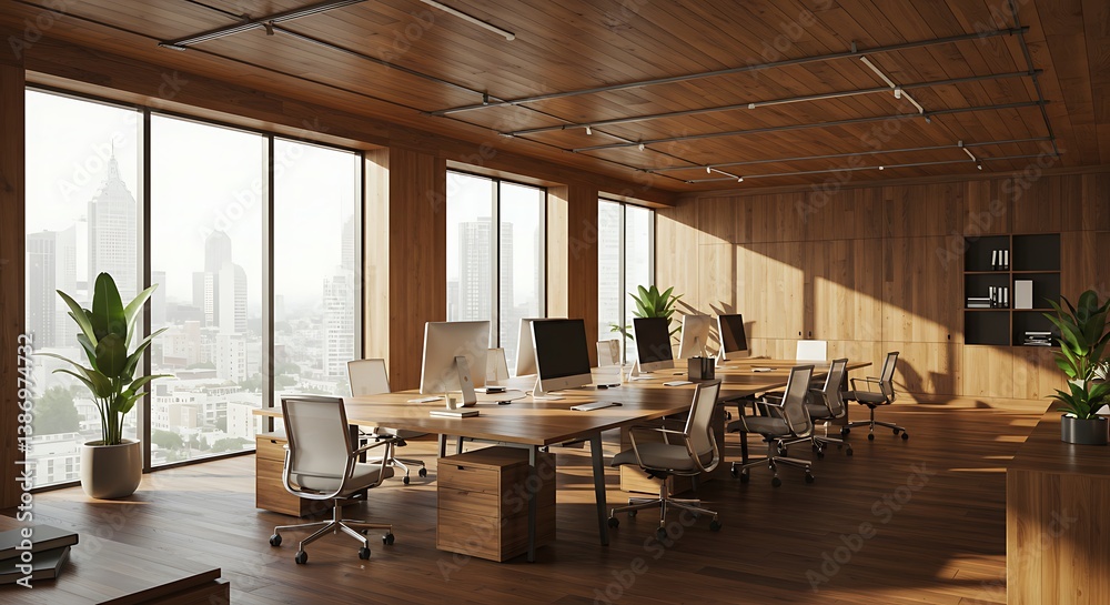Fototapeta premium Modern Wood Office Interior Design: Sunlit Workspace with City View AI Generated