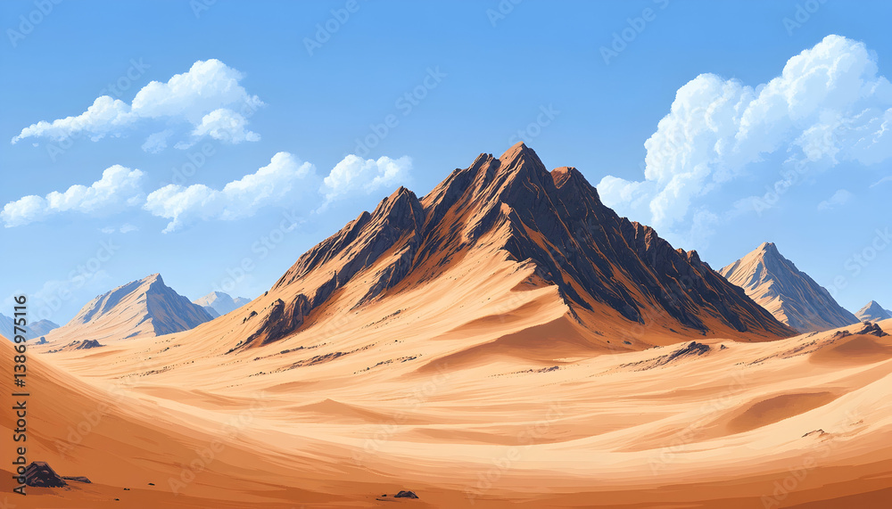Naklejka premium Majestic Sand Dunes and Mountain Ranges Under a Clear Blue Sky in a Sunny Landscape