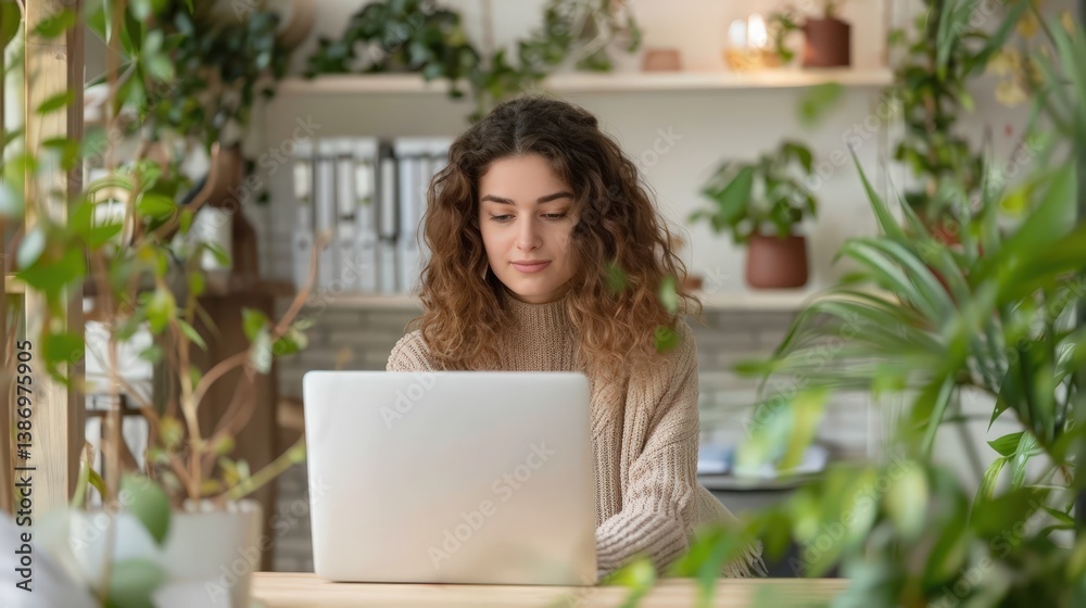 Young woman working on laptop in cozy home office surrounded by greenery and indoor plants for a productive atmosphere Young woman working on laptop in cozy home office surrounded by greenery and indoor plants for a productive atmosphere