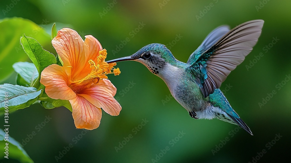 Naklejka premium Hummingbird sips nectar from flower