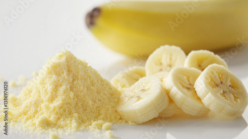 Banana powder, sliced banana and whole banana on light background, close-up