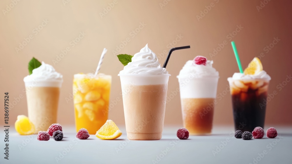 A row of five cups of different drinks, including a strawberry smoothie, sit on a table A row of five cups of different drinks, including a strawberry smoothie, sit on a table