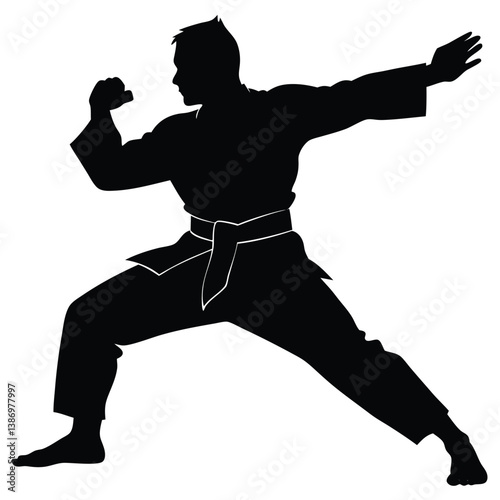 Martial Arts Silhouette Of A Man Practicing Karate Techniques And Kata Forms.