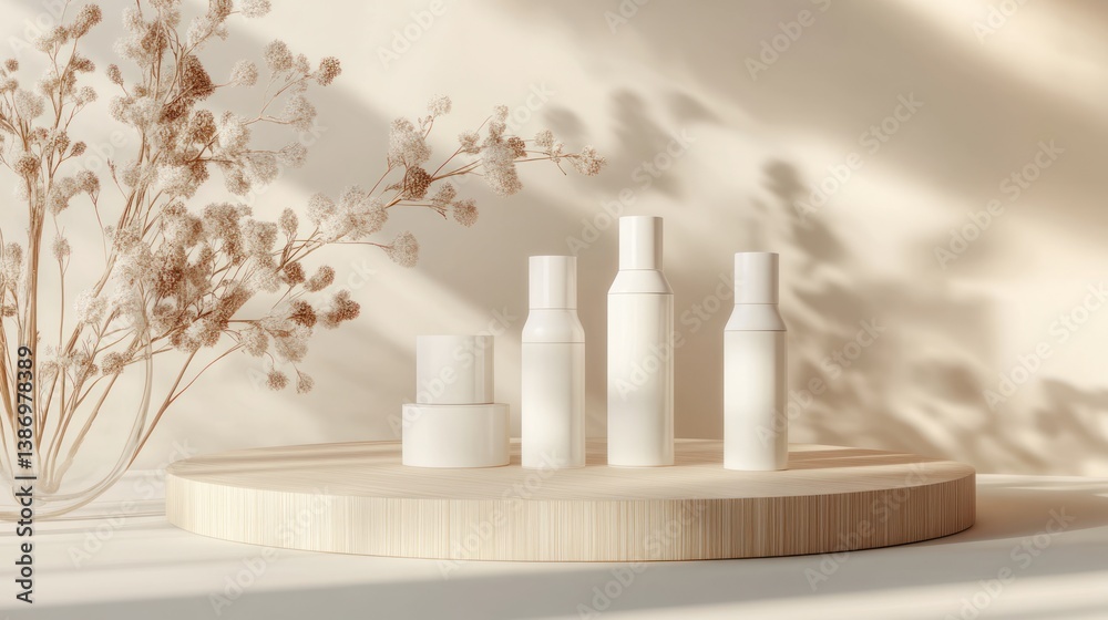 Cosmetic product display, light and shadows, natural background, mockup, aesthetic, for marketing, high-quality, 3D render Cosmetic product display, light and shadows, natural background, mockup, aesthetic, for marketing, high-quality, 3D render