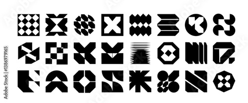 Postmodern abstract geometric graphic elements, Refraction and distortion glass effect various form, Brutalist vector shapes, trendy retro design symbols in Y2K aesthetics	