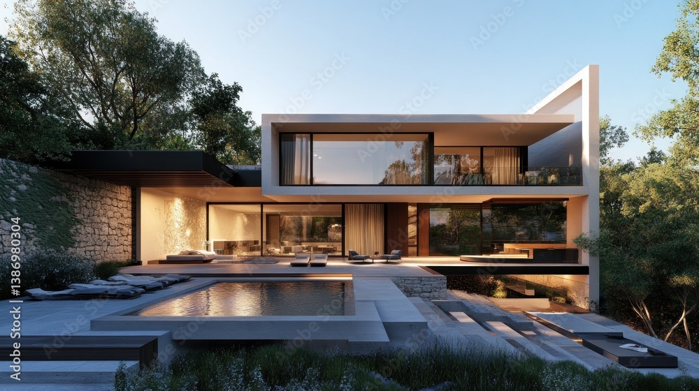 Fototapeta premium Modern Luxury Villa Architectural Design: Stunning Contemporary Home with Infinity Pool and Lush Landscaping